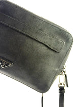 Prada Triangle Logo Saffiano Leather Black Double Zipper Clutch 6