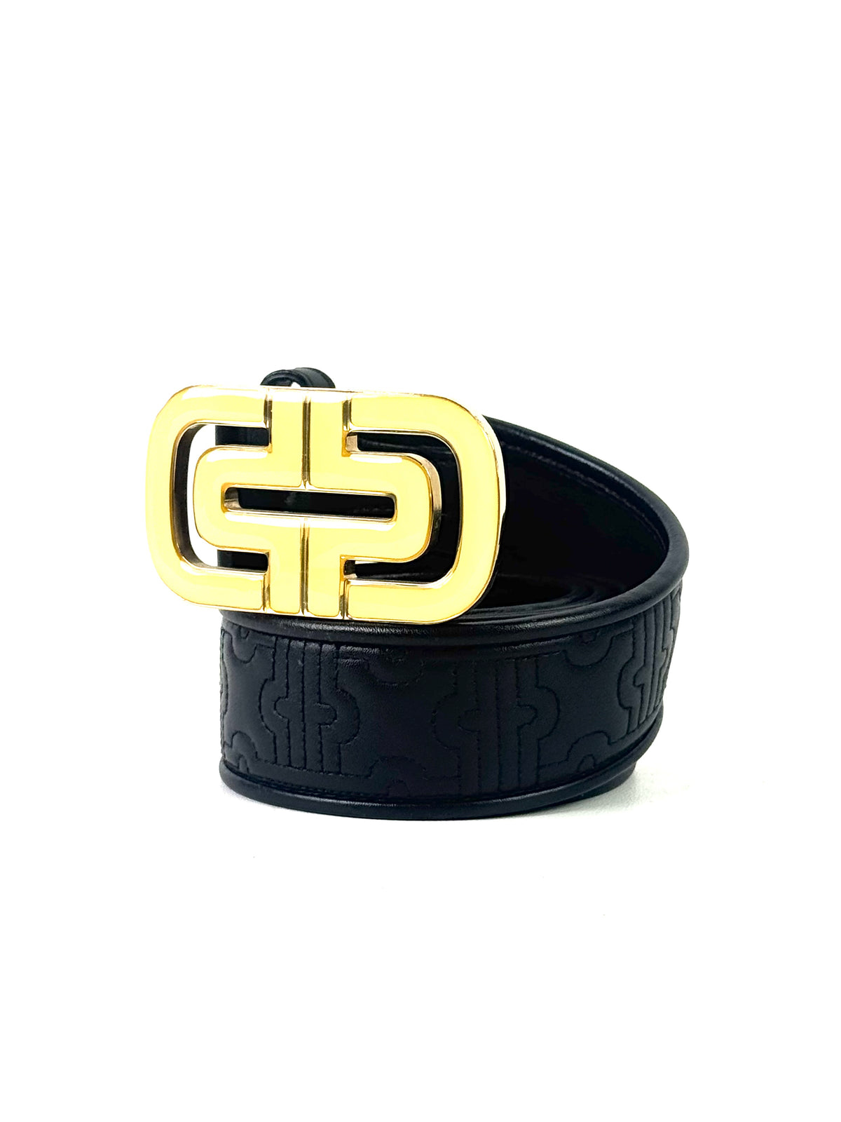 Bvlgari Logo Embossed Black Leather Belt