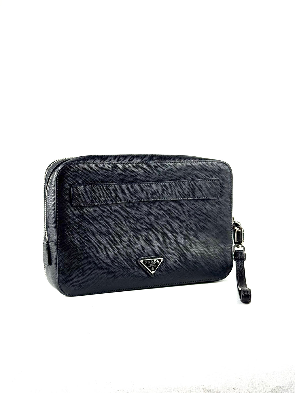 Prada Triangle Logo Saffiano Leather Double Zip Clutch