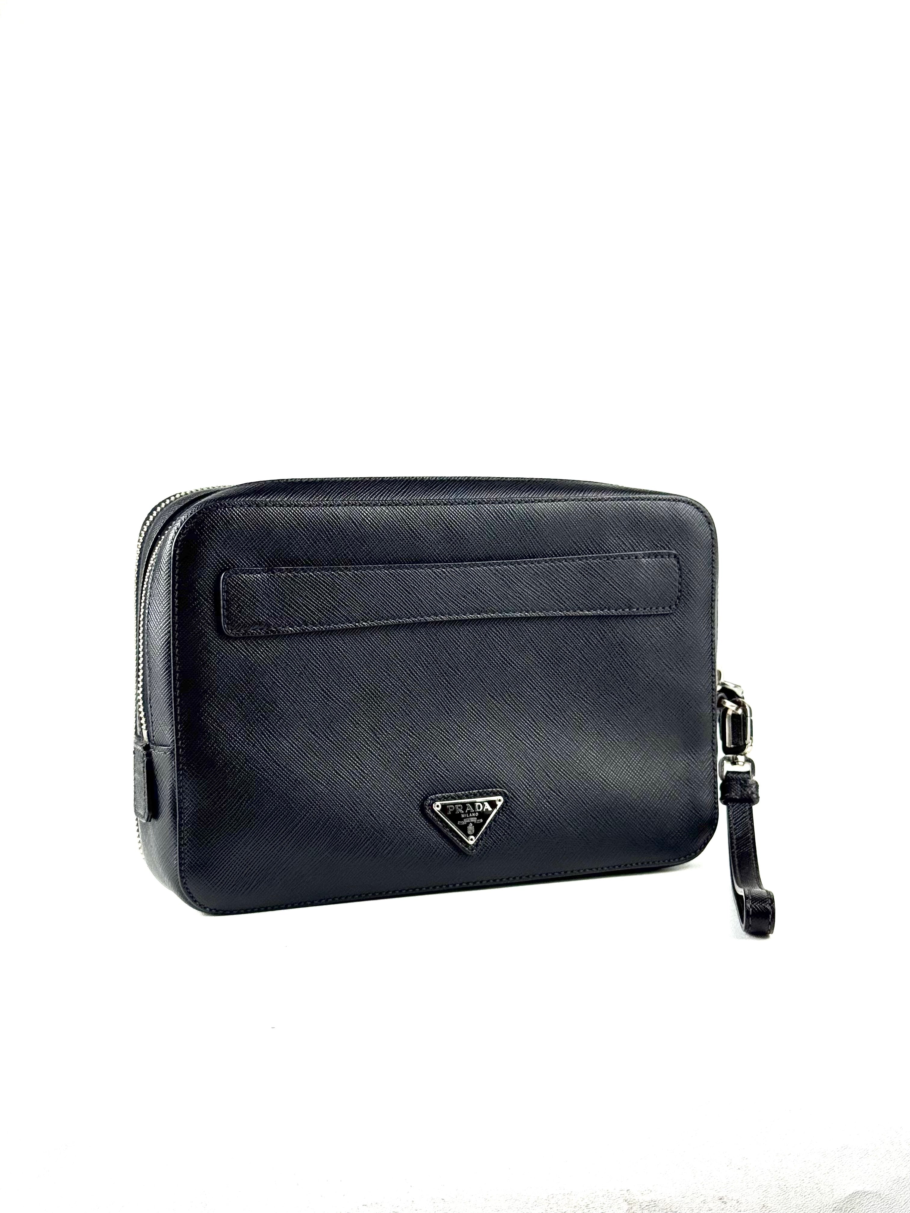 Prada Triangle Logo Saffiano Leather Double Zip Clutch