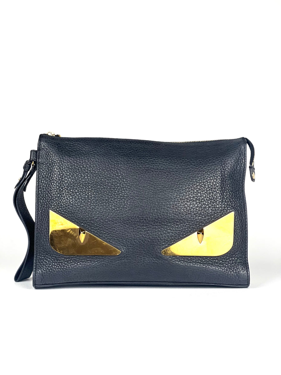 Fendi Gold Monster Eye Grain Leather Clutch
