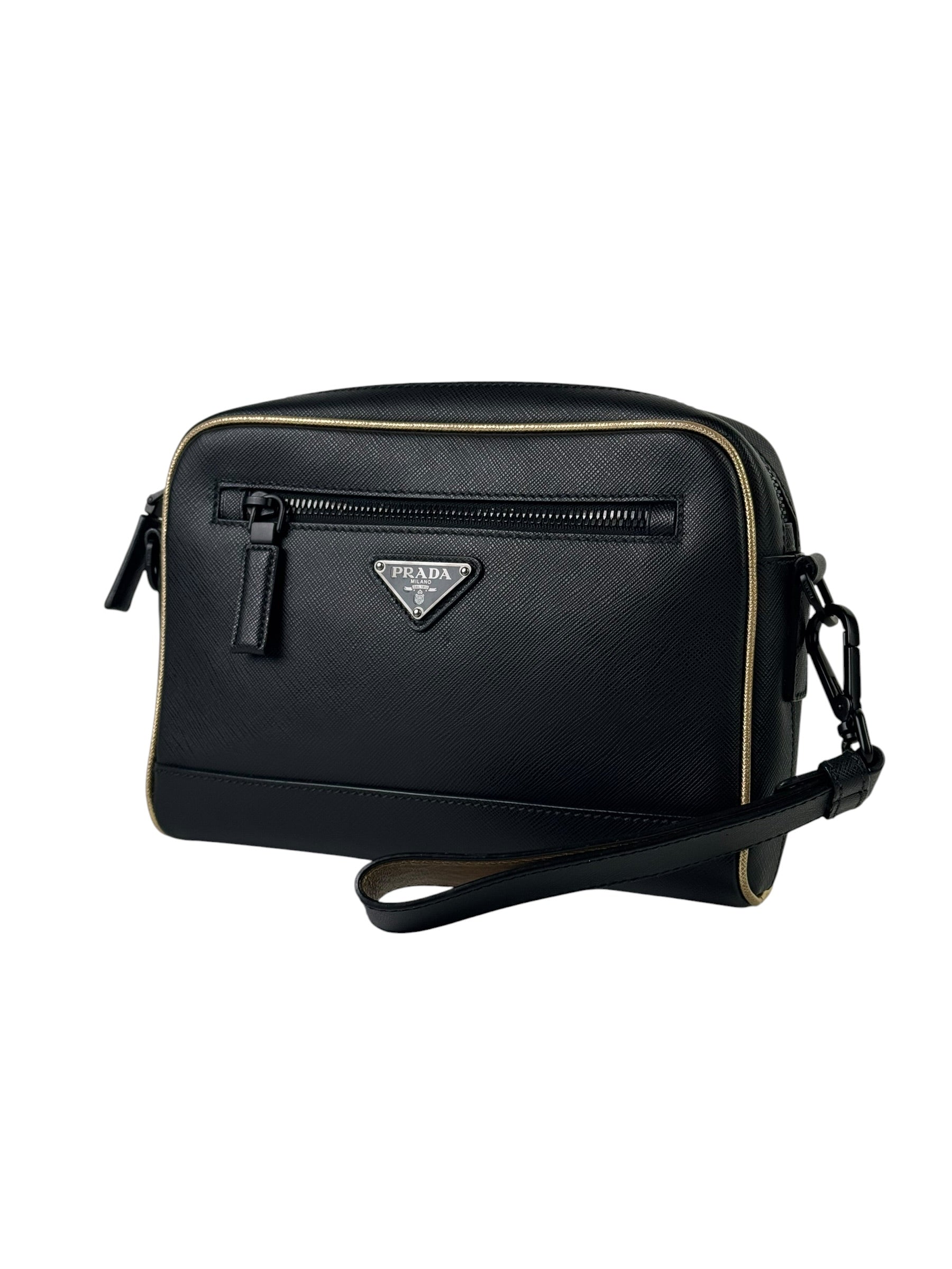 Prada Triangle Logo Saffiano Leather Wristlet 2-Way Clutch & Messenger Bag