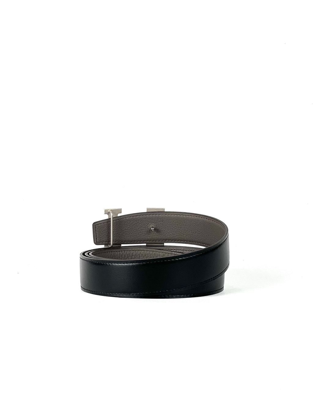 Hermès H Silver Buckle Black Grey Leather Reversible Belt