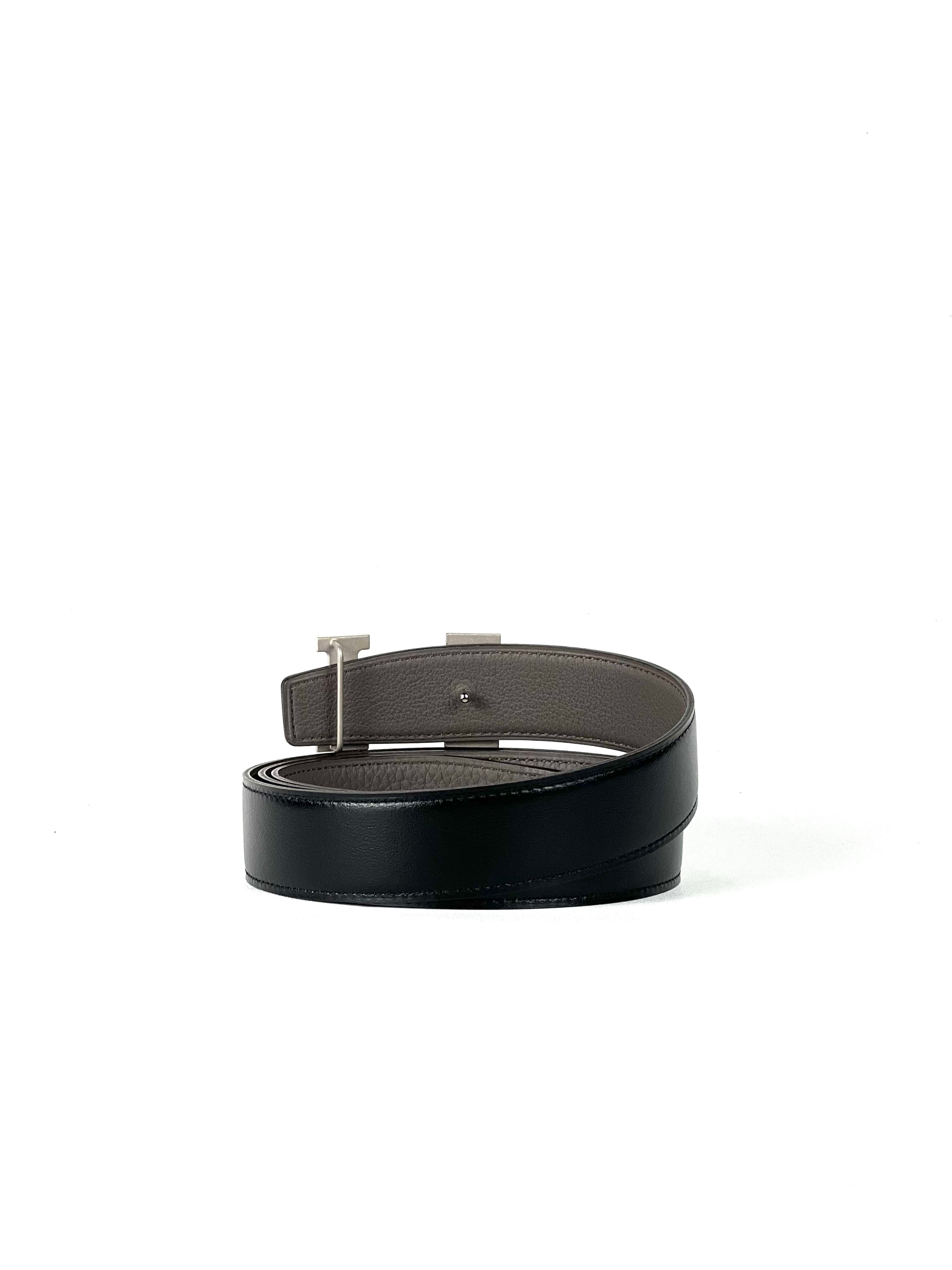 Hermès H Silver Buckle Black Grey Leather Reversible Belt