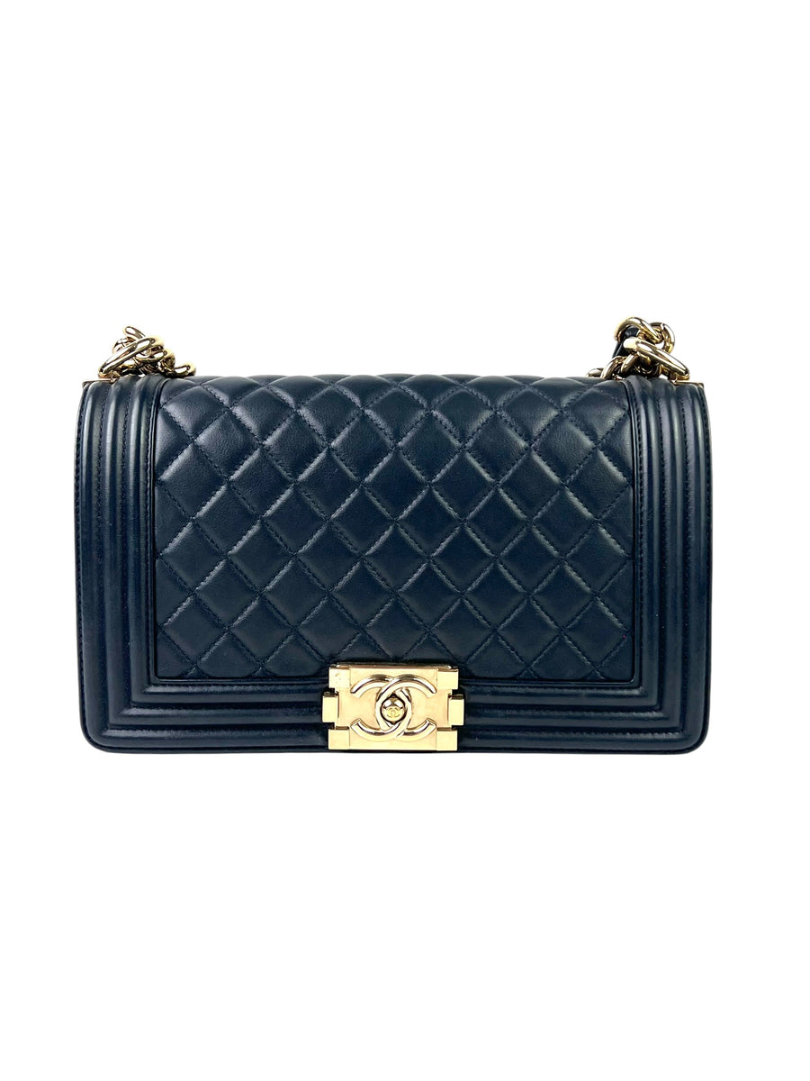 Chanel Boy Lambskin Navy GHW Medium Shoulder Bag