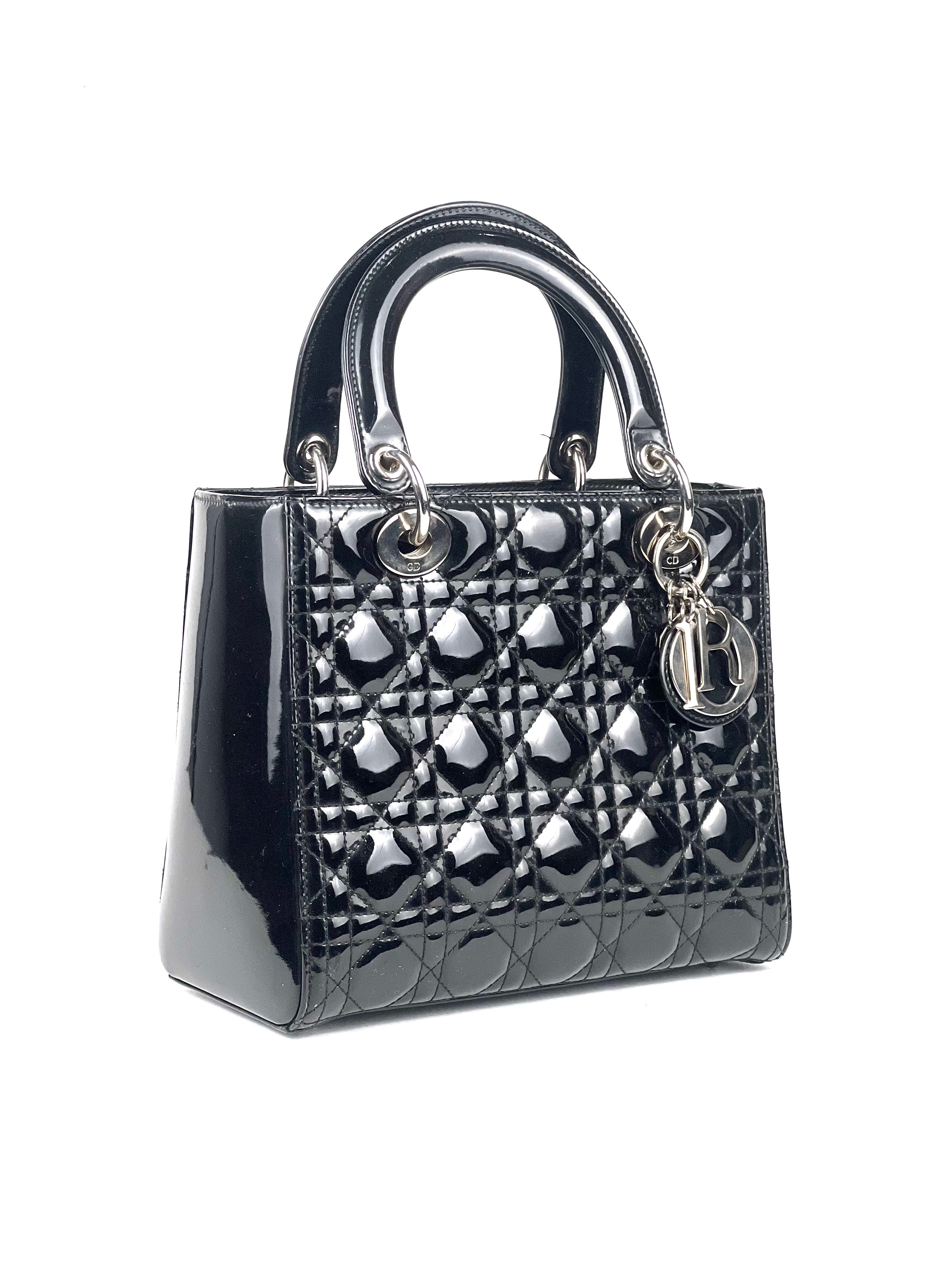 Christian Dior Lady Dior Medium Black Patent Shoulder Bag