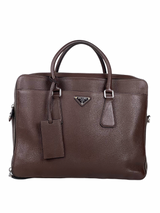 Prada Triangle Logo Vitello Daino Brown Leather Briefcase 1