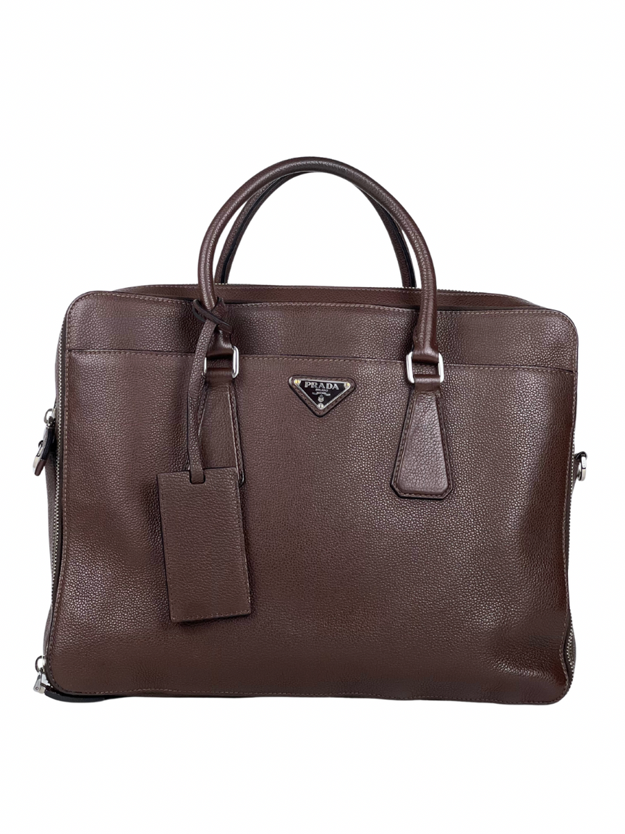 Prada Triangle Logo Vitello Daino Brown Leather Briefcase