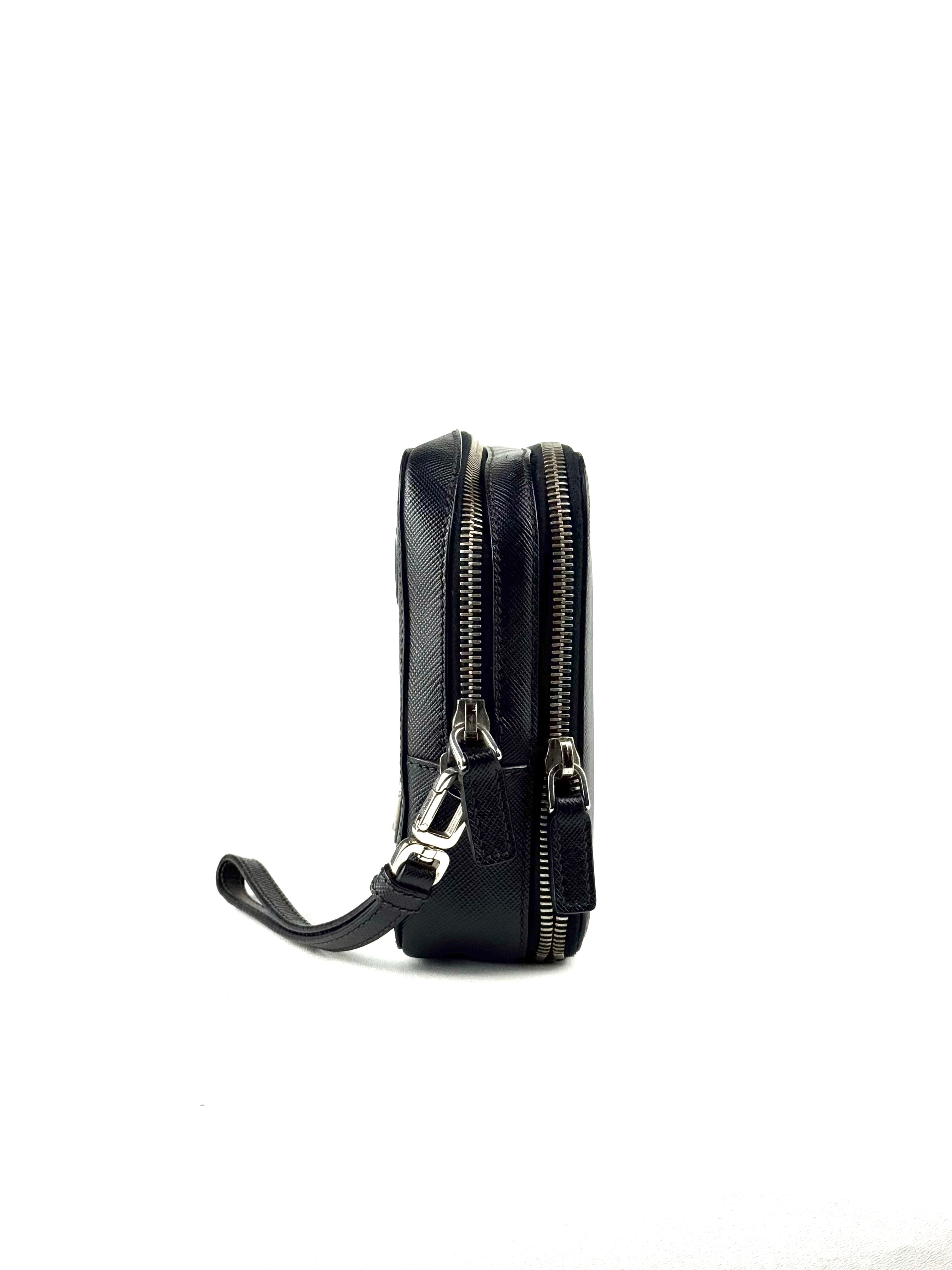 Prada Triangle Logo Saffiano Leather Double Zip Clutch