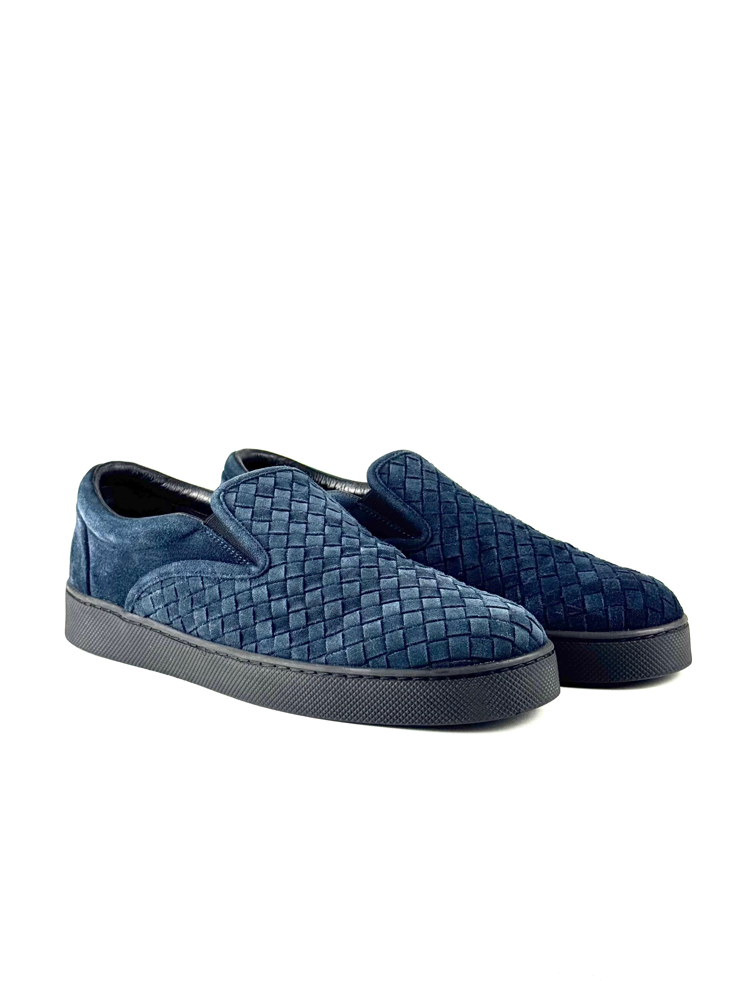 Bottega Venetta Intreciatto Navy Suede Slip On