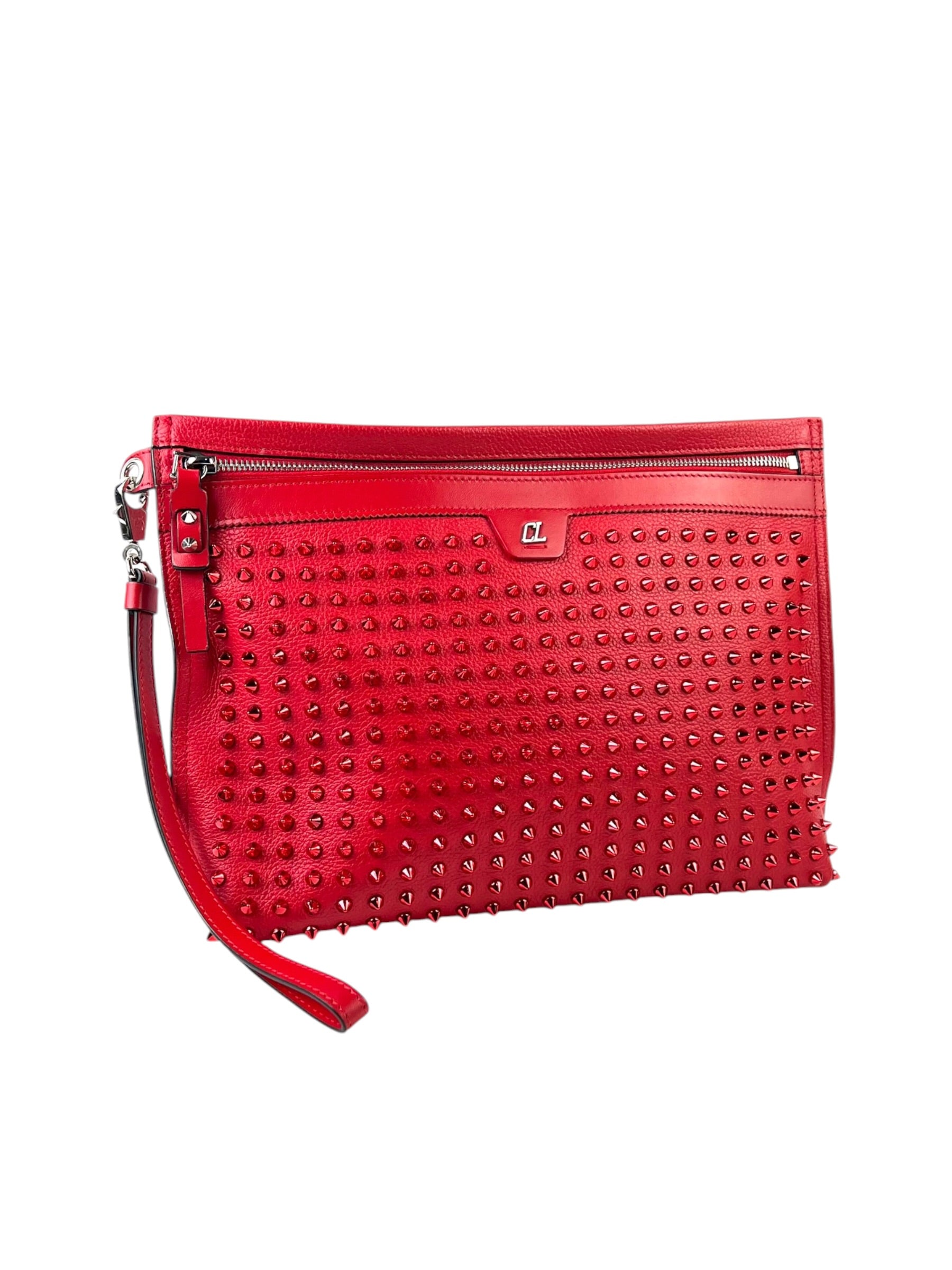 Christian Louboutin City Pouch Red Spike Grain Leather Clutch