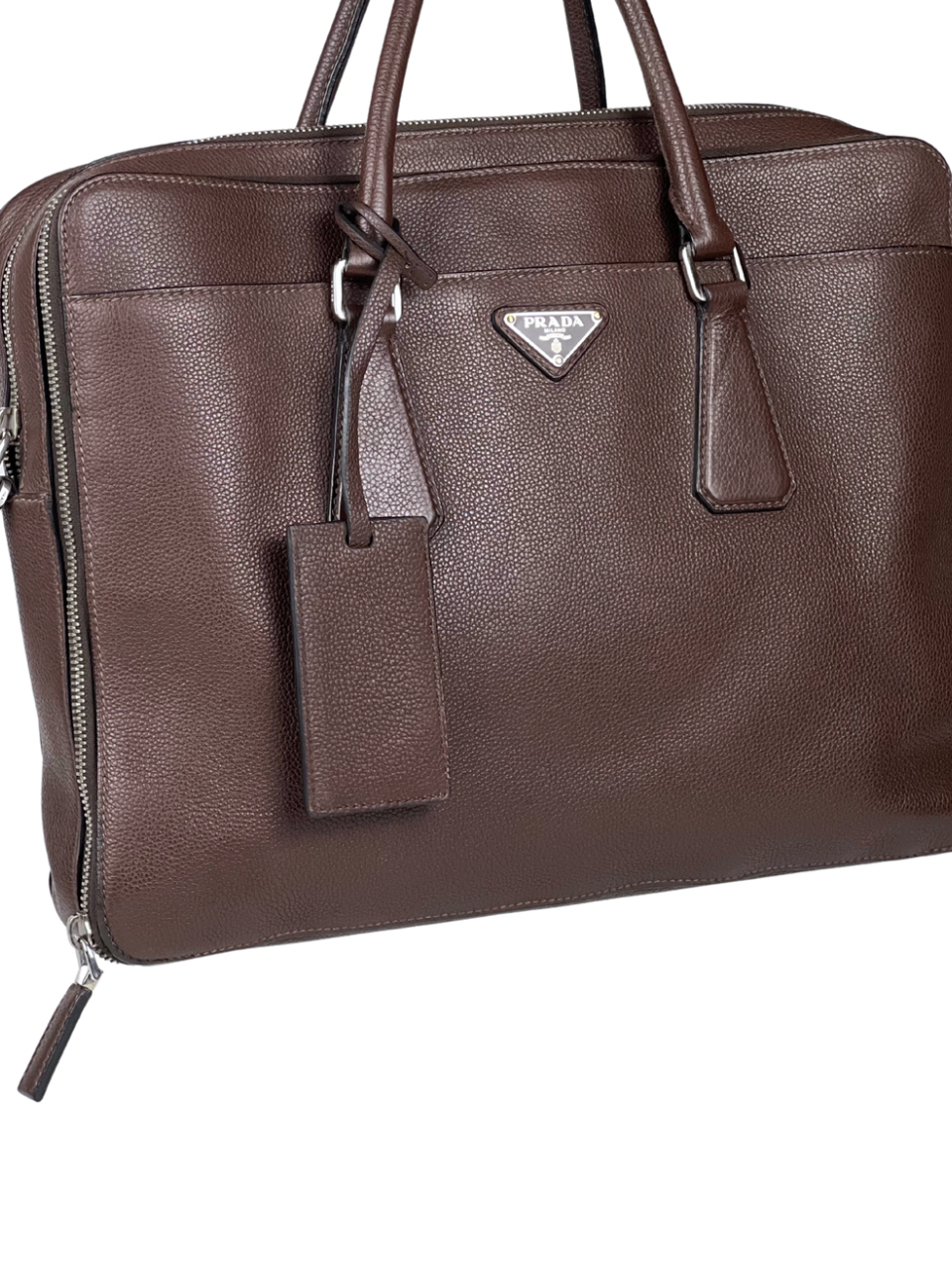 Prada Triangle Logo Vitello Daino Brown Leather Briefcase